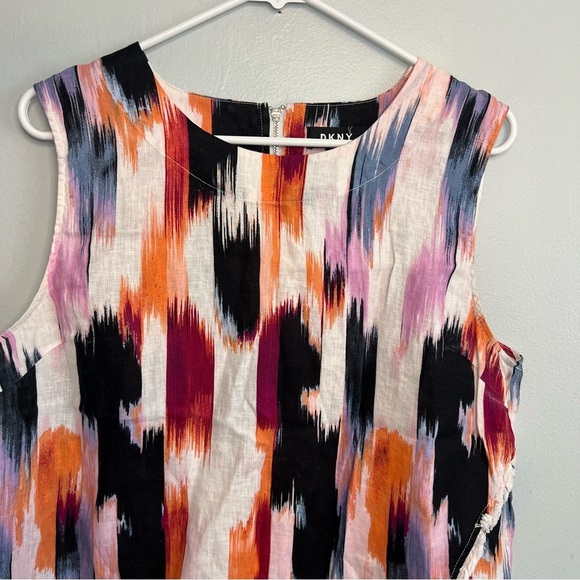 DKNY Womens Sleeveless Pullover Blouse Fringe Hem 100% Linen Tie Dye Sz L Boho - Picture 7 of 11
